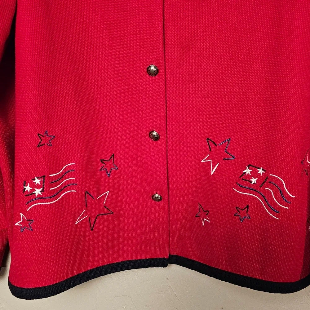 Vintage Banks‎ 1X Red Patriotic Cardigan Sweater Stars USA Flag Embroidered EUC